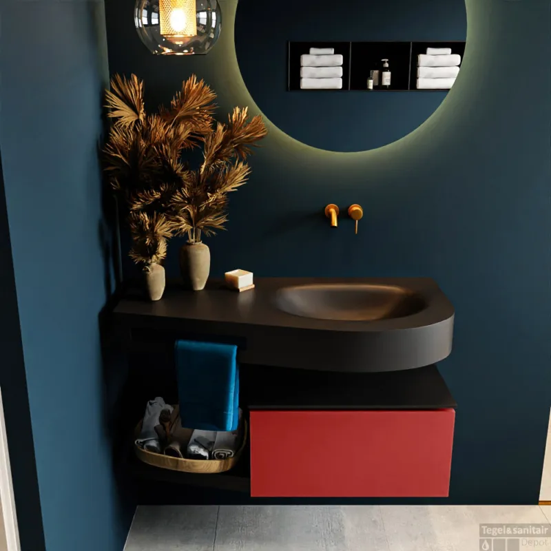 MONDIAZ RIVA 100cm badmeubel onderkast / planchet kleur Fire met 1 lade. Wastafel DULCET rechts 0 kraangaten kleur Urban. Weekendaanbieding