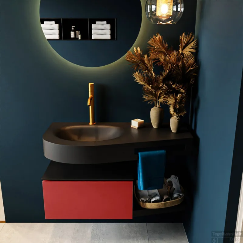 MONDIAZ RIVA 100cm badmeubel onderkast / planchet kleur Fire met 1 lade. Wastafel DULCET links 1 kraangat kleur Urban. Must-Have