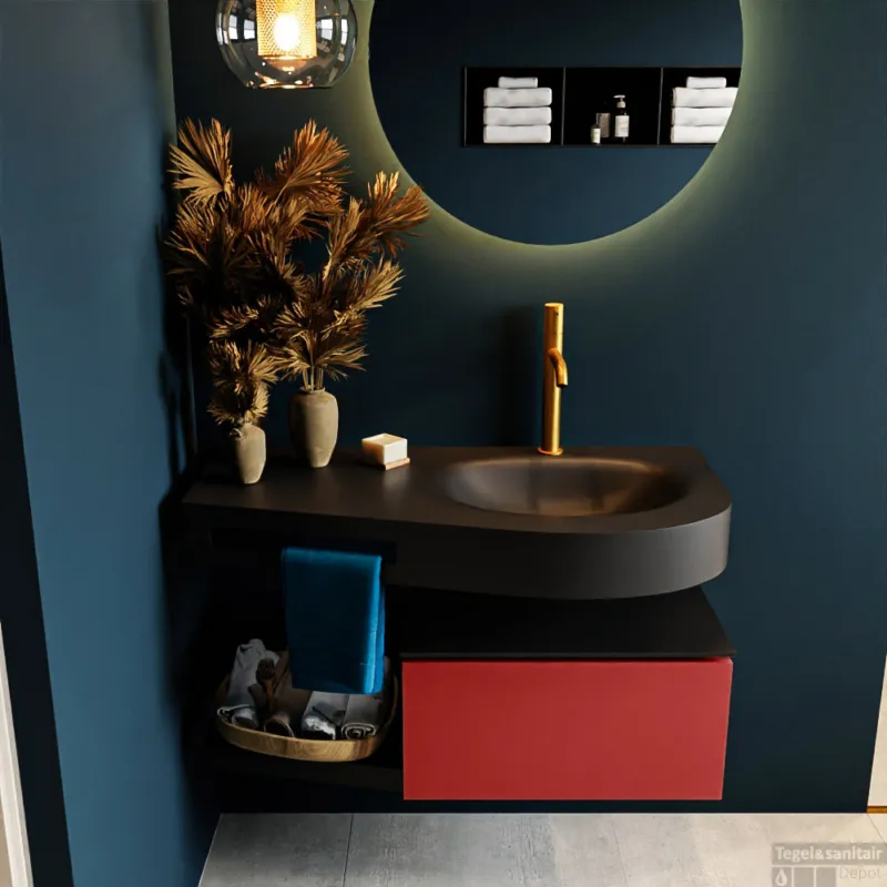 MONDIAZ RIVA 100cm badmeubel onderkast / planchet kleur Fire met 1 lade. Wastafel DULCET rechts 1 kraangat kleur Urban. Goedkoop