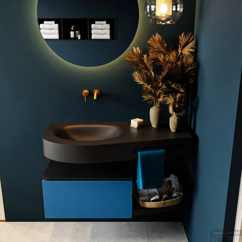 Hete Deal MONDIAZ RIVA 100cm badmeubel onderkast / planchet kleur Jeans met 1 lade. Wastafel DULCET links 0 kraangaten kleur Urban.