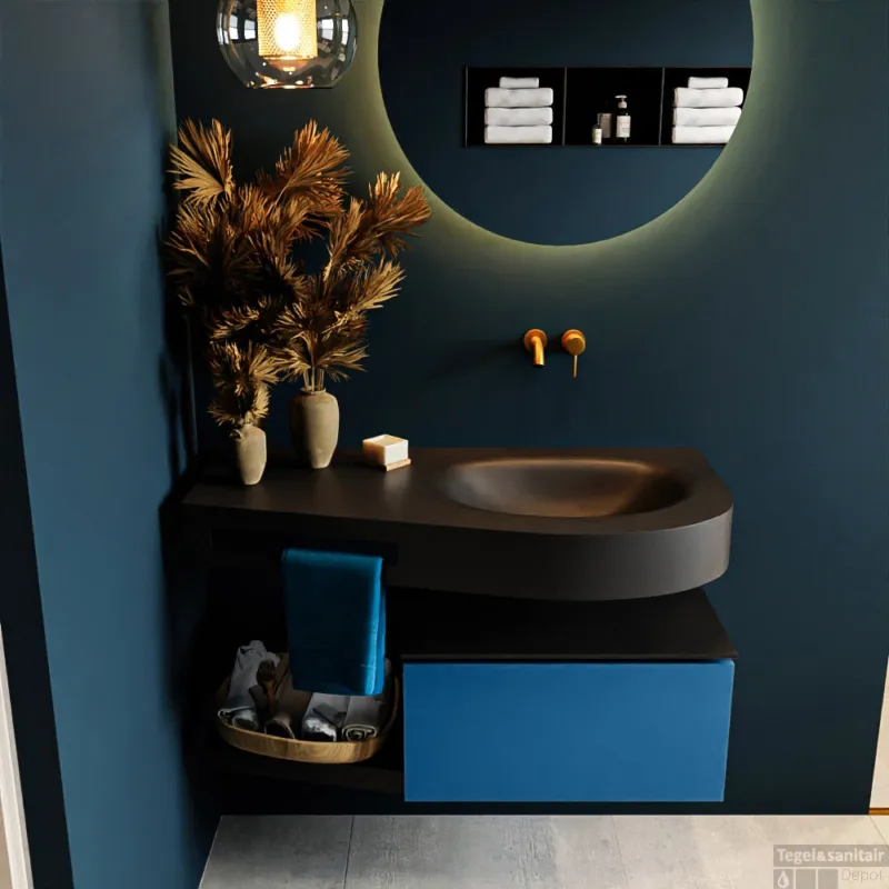 MONDIAZ RIVA 100cm badmeubel onderkast / planchet kleur Jeans met 1 lade. Wastafel DULCET rechts 0 kraangaten kleur Urban. Voordeelprijs