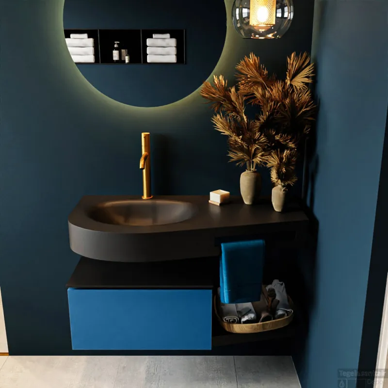 MONDIAZ RIVA 100cm badmeubel onderkast / planchet kleur Jeans met 1 lade. Wastafel DULCET links 1 kraangat kleur Urban. Snelle Levering