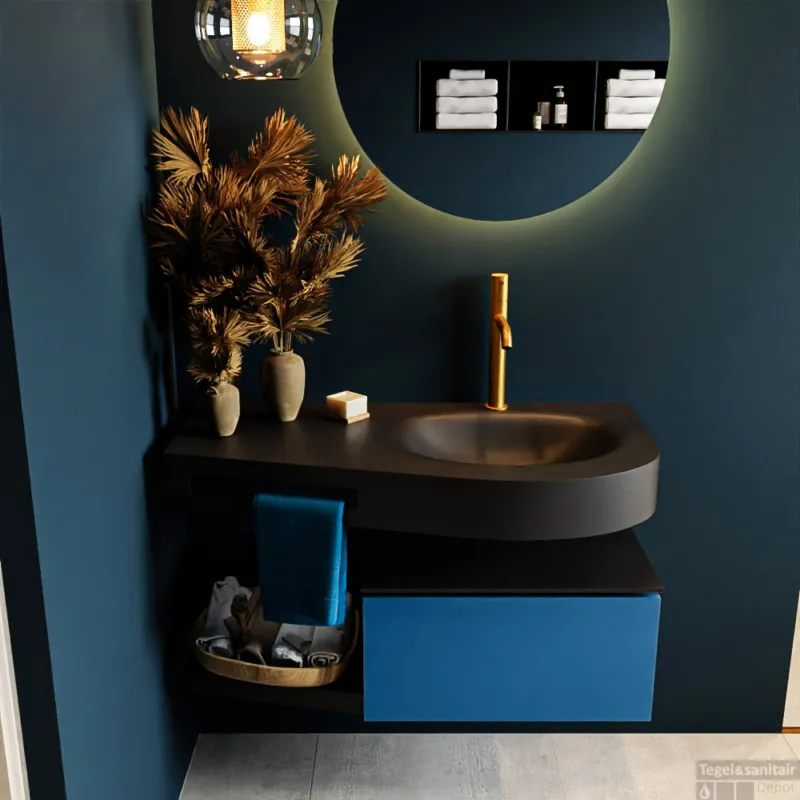 Beste Prijs MONDIAZ RIVA 100cm badmeubel onderkast / planchet kleur Jeans met 1 lade. Wastafel DULCET rechts 1 kraangat kleur Urban.