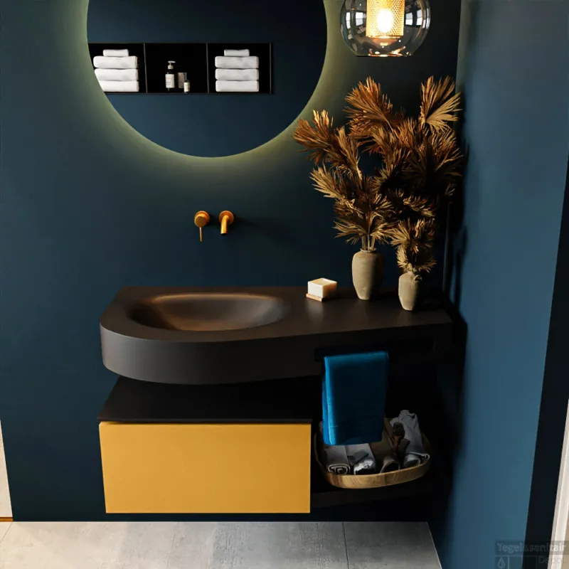 Gratis Retour MONDIAZ RIVA 100cm badmeubel onderkast / planchet kleur Ocher met 1 lade. Wastafel DULCET links 0 kraangaten kleur Urban.