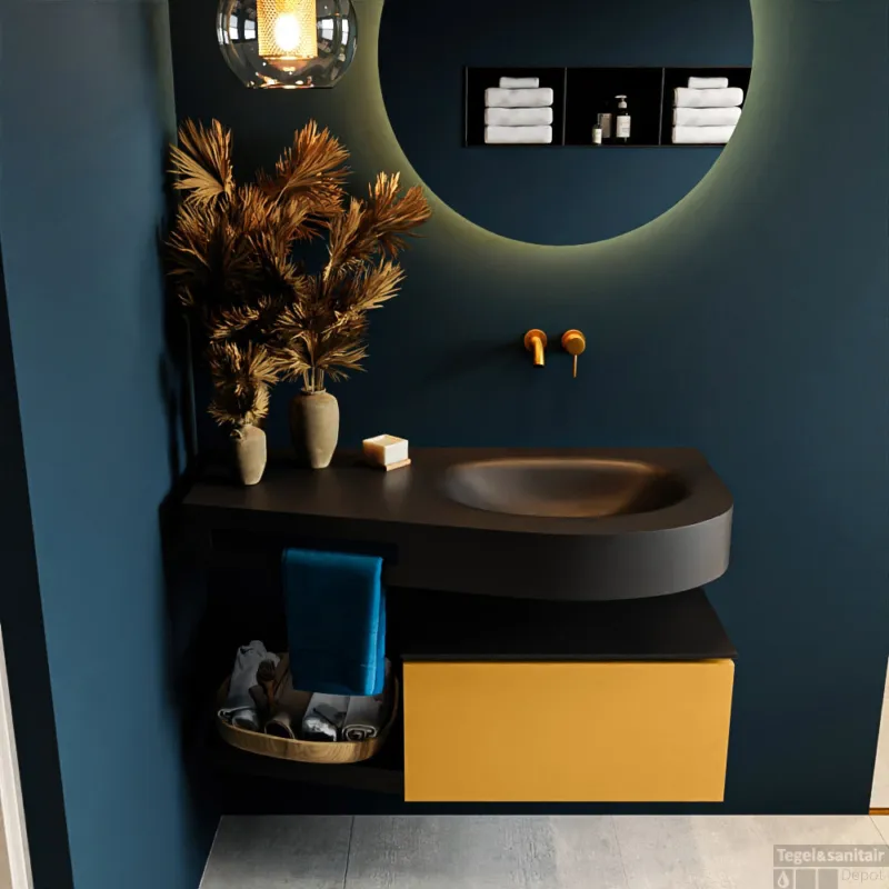 MONDIAZ RIVA 100cm badmeubel onderkast / planchet kleur Ocher met 1 lade. Wastafel DULCET rechts 0 kraangaten kleur Urban. Flitsaanbieding