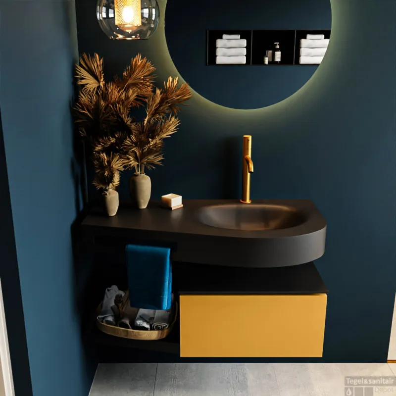 Lage Kosten MONDIAZ RIVA 100cm badmeubel onderkast / planchet kleur Ocher met 1 lade. Wastafel DULCET rechts 1 kraangat kleur Urban.
