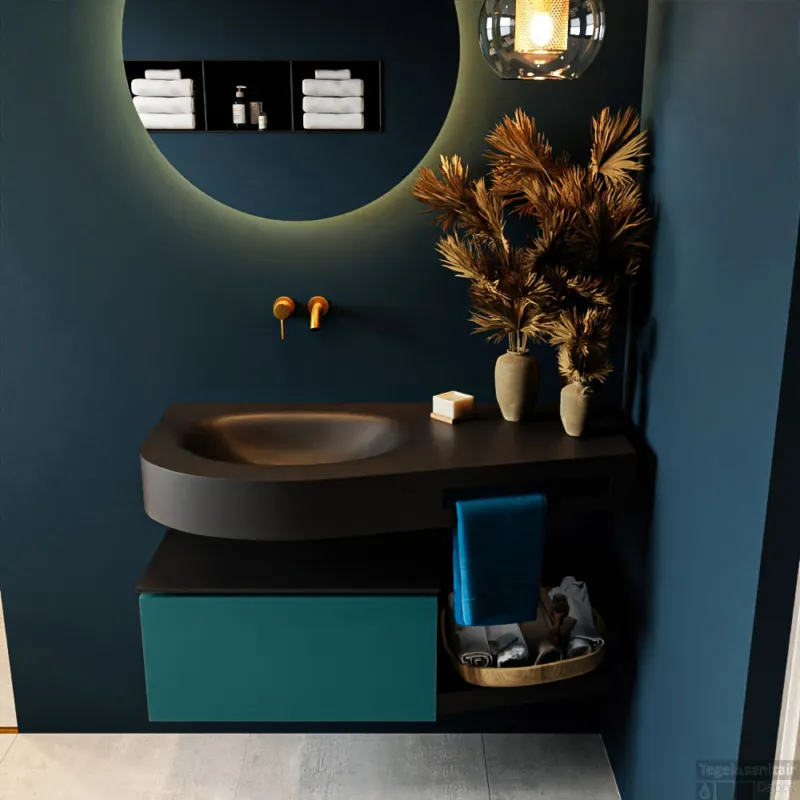 Flitsaanbieding MONDIAZ RIVA 100cm badmeubel onderkast / planchet kleur Smag met 1 lade. Wastafel DULCET links 0 kraangaten kleur Urban.
