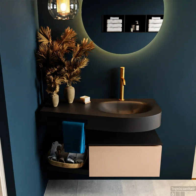 MONDIAZ RIVA 100cm badmeubel onderkast / planchet kleur Rosee met 1 lade. Wastafel DULCET rechts 1 kraangat kleur Urban. Dagaanbieding