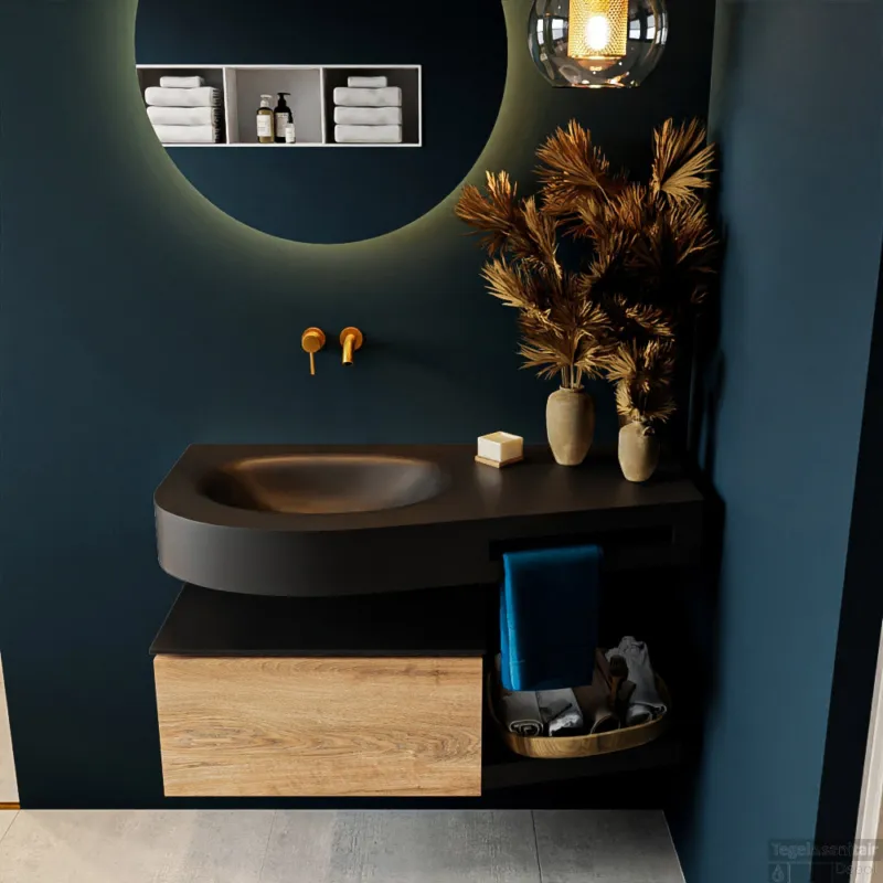 MONDIAZ RIVA 100cm badmeubel onderkast / planchet kleur Washed_Oak met 1 lade. Wastafel DULCET links 0 kraangaten kleur Urban. Direct Beschikbaar