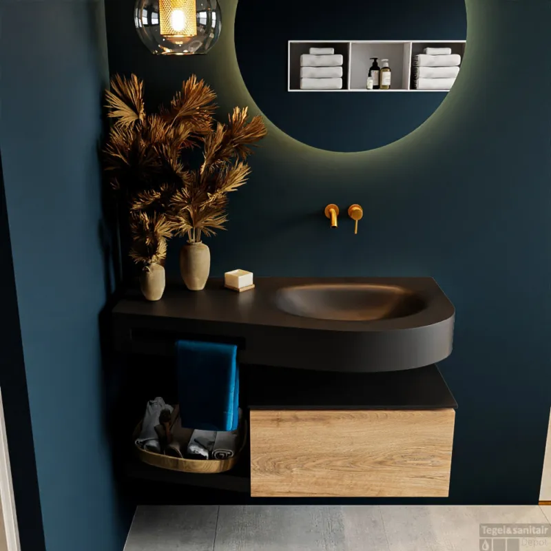 MONDIAZ RIVA 100cm badmeubel onderkast / planchet kleur Washed_Oak met 1 lade. Wastafel DULCET rechts 0 kraangaten kleur Urban. Beperkt Aanbod
