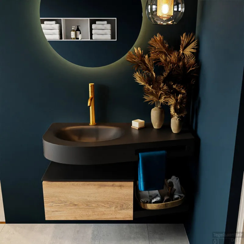 Superprijs MONDIAZ RIVA 100cm badmeubel onderkast / planchet kleur Washed_Oak met 1 lade. Wastafel DULCET links 1 kraangat kleur Urban.