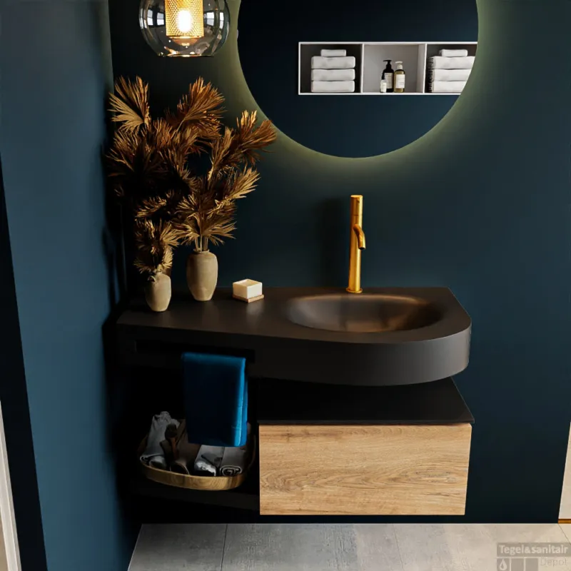 MONDIAZ RIVA 100cm badmeubel onderkast / planchet kleur Washed_Oak met 1 lade. Wastafel DULCET rechts 1 kraangat kleur Urban. Alleen Vandaag