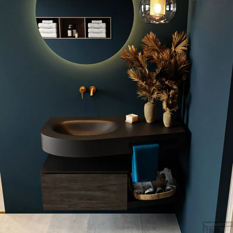 MONDIAZ RIVA 100cm badmeubel onderkast / planchet kleur Dark_Brown met 1 lade. Wastafel DULCET links 0 kraangaten kleur Urban. Koopje
