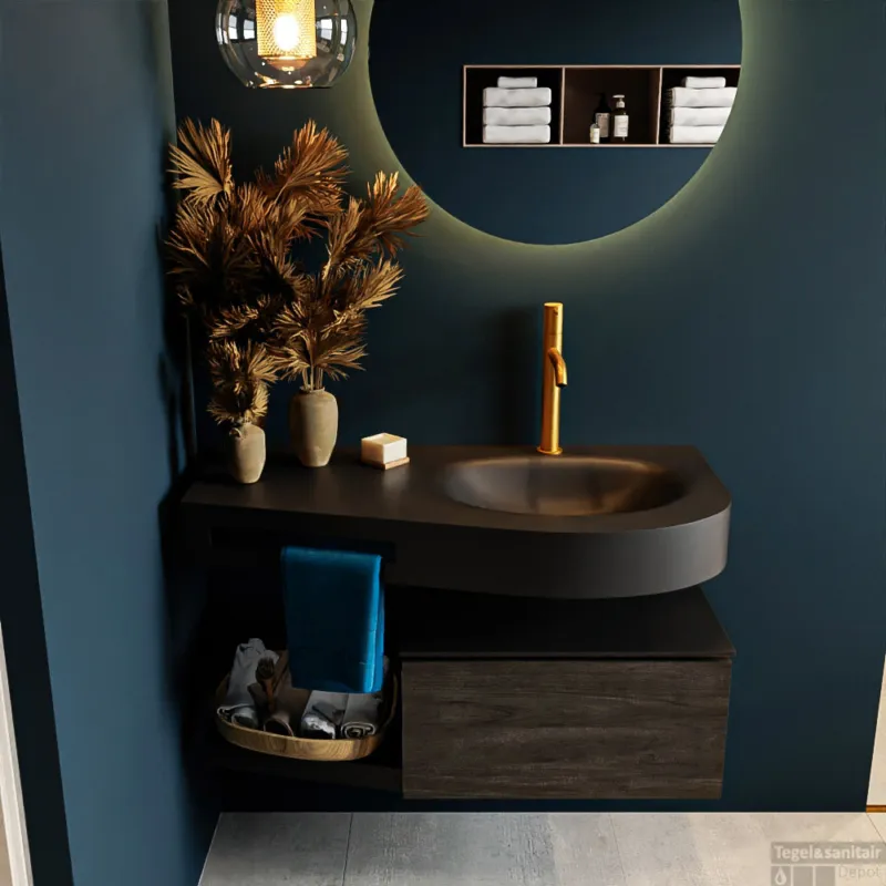 Favoriet MONDIAZ RIVA 100cm badmeubel onderkast / planchet kleur Dark_Brown met 1 lade. Wastafel DULCET rechts 1 kraangat kleur Urban.
