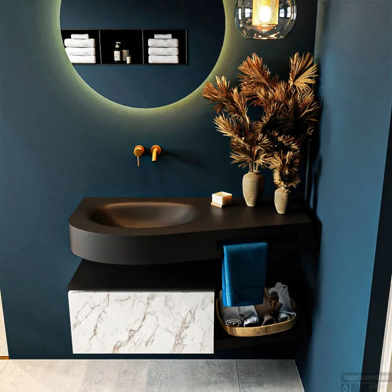 MONDIAZ RIVA 100cm badmeubel onderkast / planchet kleur carrara met 1 lade. Wastafel DULCET links 0 kraangaten kleur Urban. Favoriet