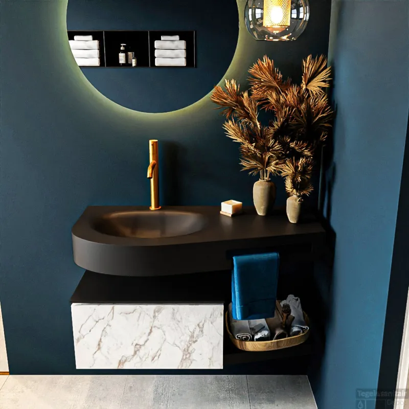 MONDIAZ RIVA 100cm badmeubel onderkast / planchet kleur carrara met 1 lade. Wastafel DULCET links 1 kraangat kleur Urban. Merkproduct