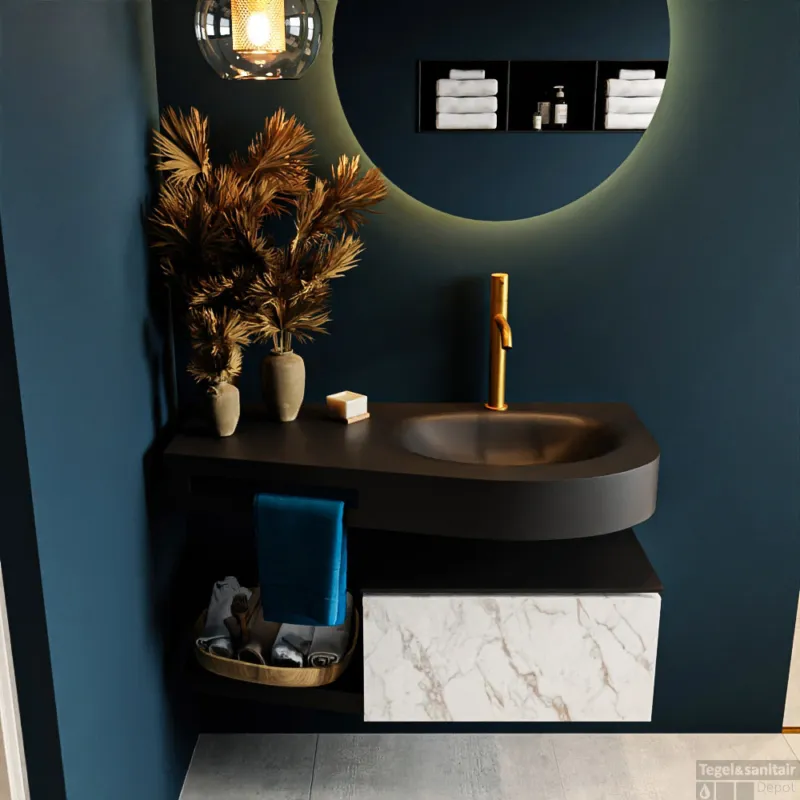 Must-Have MONDIAZ RIVA 100cm badmeubel onderkast / planchet kleur carrara met 1 lade. Wastafel DULCET rechts 1 kraangat kleur Urban.