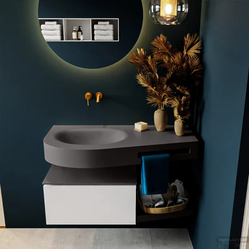 Speciale Aanbieding MONDIAZ RIVA 100cm badmeubel onderkast / planchet kleur Talc met 1 lade. Wastafel DULCET links 0 kraangaten kleur Dark_Grey.