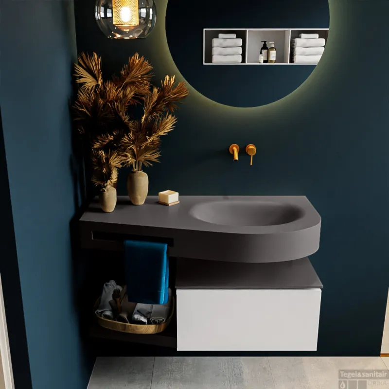 MONDIAZ RIVA 100cm badmeubel onderkast / planchet kleur Talc met 1 lade. Wastafel DULCET rechts 0 kraangaten kleur Dark_Grey. Koop Vandaag