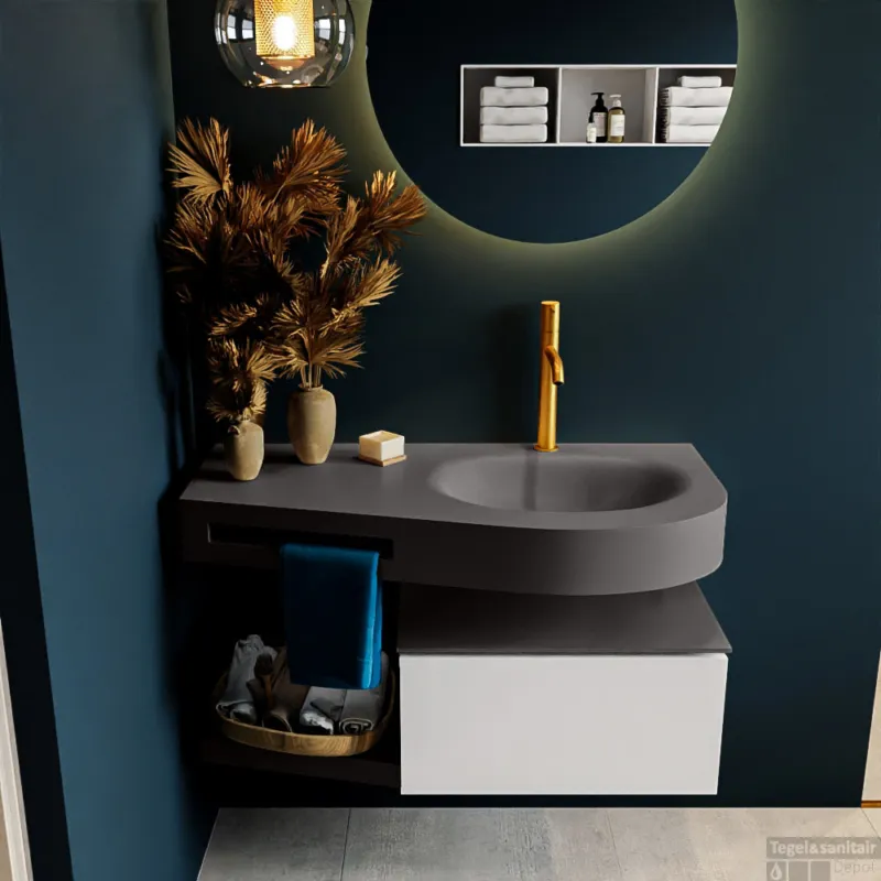 MONDIAZ RIVA 100cm badmeubel onderkast / planchet kleur Talc met 1 lade. Wastafel DULCET rechts 1 kraangat kleur Dark_Grey. Op = Op