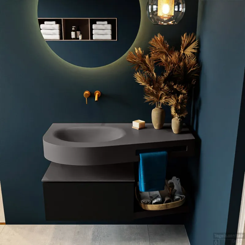 Superprijs MONDIAZ RIVA 100cm badmeubel onderkast / planchet kleur Urban met 1 lade. Wastafel DULCET links 0 kraangaten kleur Dark_Grey.
