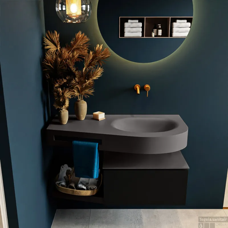 Beperkt Aanbod MONDIAZ RIVA 100cm badmeubel onderkast / planchet kleur Urban met 1 lade. Wastafel DULCET rechts 0 kraangaten kleur Dark_Grey.