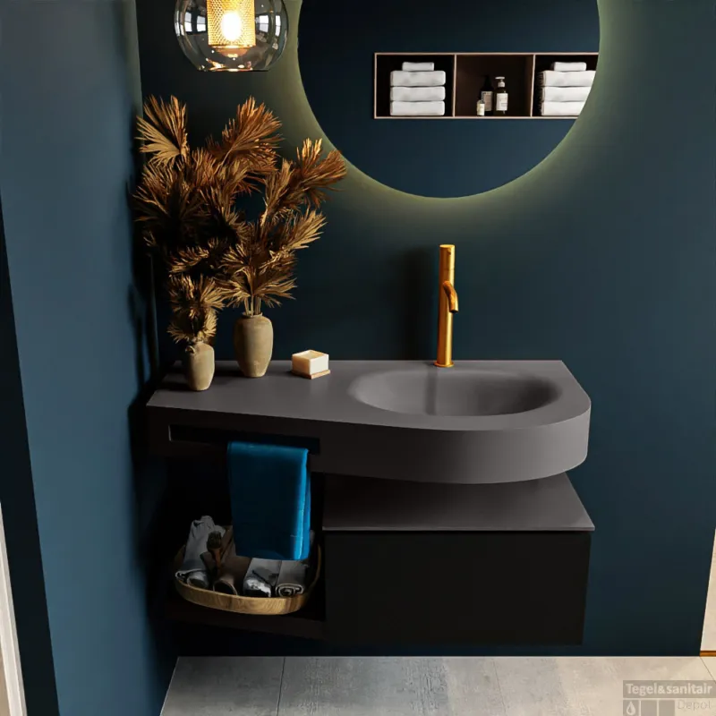 MONDIAZ RIVA 100cm badmeubel onderkast / planchet kleur Urban met 1 lade. Wastafel DULCET rechts 1 kraangat kleur Dark_Grey. Superprijs