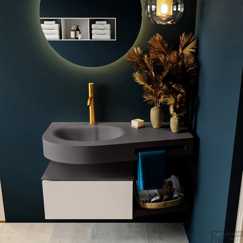 Gratis Retour MONDIAZ RIVA 100cm badmeubel onderkast / planchet kleur Linen met 1 lade. Wastafel DULCET links 1 kraangat kleur Dark_Grey.