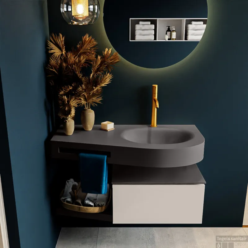 Actieprijs MONDIAZ RIVA 100cm badmeubel onderkast / planchet kleur Linen met 1 lade. Wastafel DULCET rechts 1 kraangat kleur Dark_Grey.