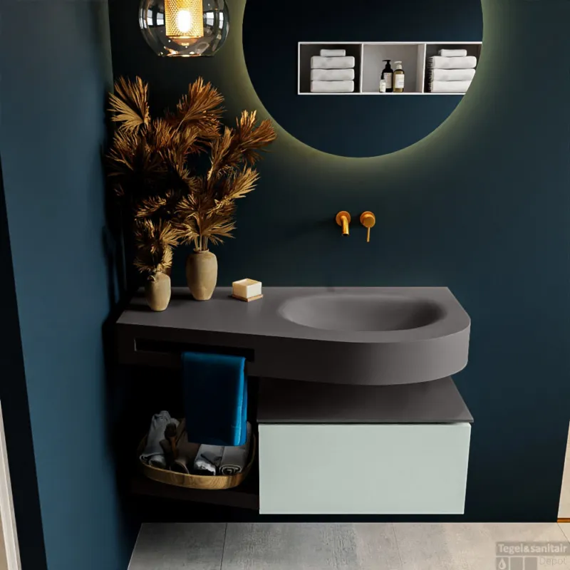 MONDIAZ RIVA 100cm badmeubel onderkast / planchet kleur Greey met 1 lade. Wastafel DULCET rechts 0 kraangaten kleur Dark_Grey. Direct Verzonden