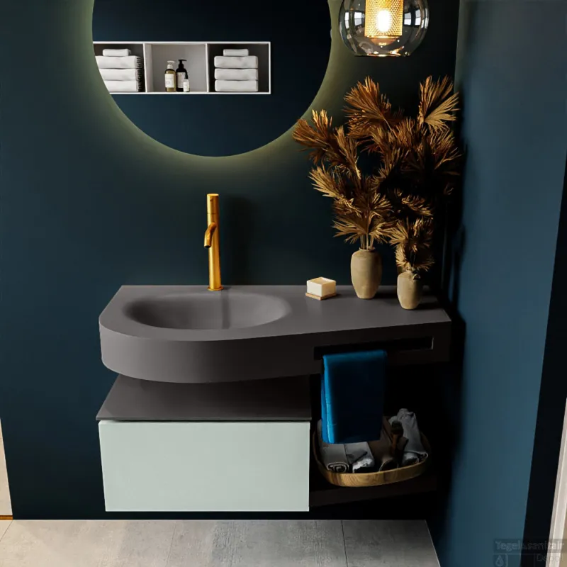 MONDIAZ RIVA 100cm badmeubel onderkast / planchet kleur Greey met 1 lade. Wastafel DULCET links 1 kraangat kleur Dark_Grey. Populair