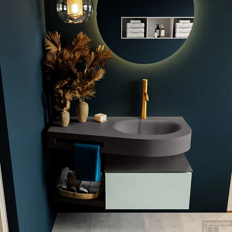 MONDIAZ RIVA 100cm badmeubel onderkast / planchet kleur Greey met 1 lade. Wastafel DULCET rechts 1 kraangat kleur Dark_Grey. Dagaanbieding