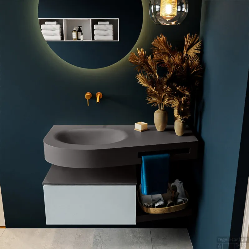 Gereduceerde Prijs MONDIAZ RIVA 100cm badmeubel onderkast / planchet kleur Clay met 1 lade. Wastafel DULCET links 0 kraangaten kleur Dark_Grey.