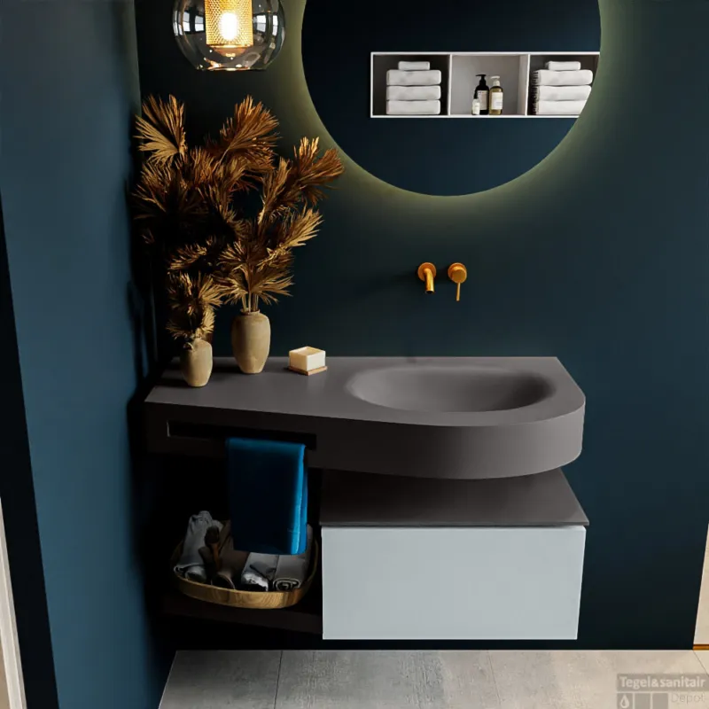 MONDIAZ RIVA 100cm badmeubel onderkast / planchet kleur Clay met 1 lade. Wastafel DULCET rechts 0 kraangaten kleur Dark_Grey. Direct Beschikbaar