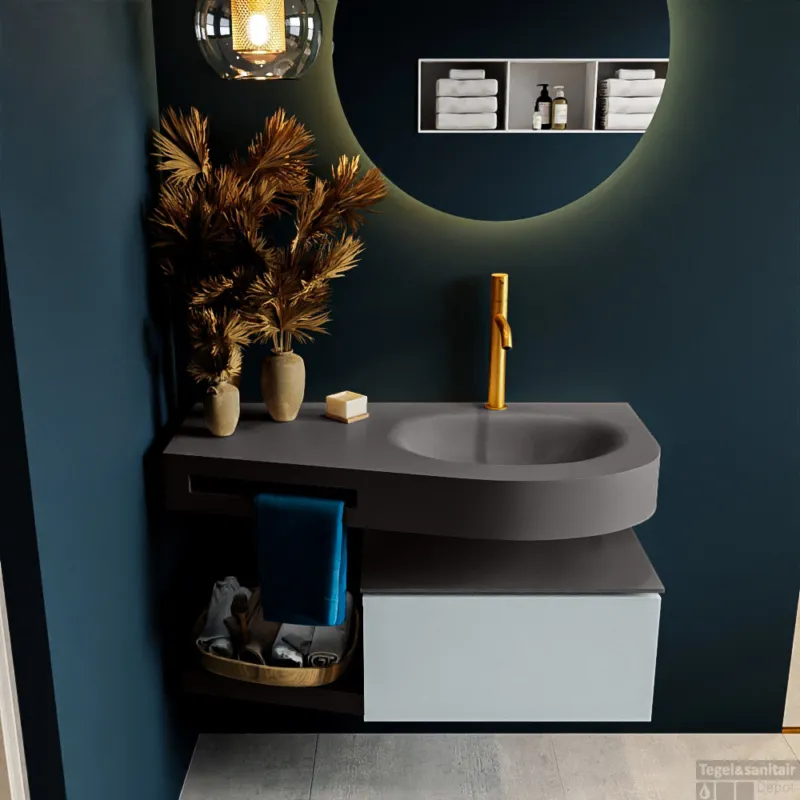Hete Deal MONDIAZ RIVA 100cm badmeubel onderkast / planchet kleur Clay met 1 lade. Wastafel DULCET rechts 1 kraangat kleur Dark_Grey.