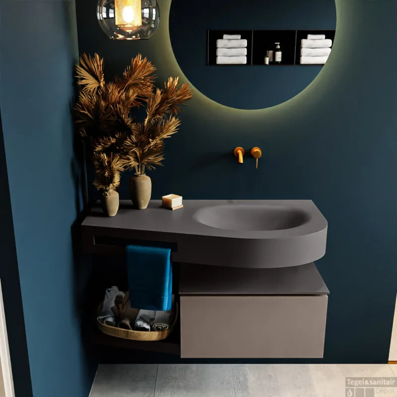Dagaanbieding MONDIAZ RIVA 100cm badmeubel onderkast / planchet kleur Smoke met 1 lade. Wastafel DULCET rechts 0 kraangaten kleur Dark_Grey.