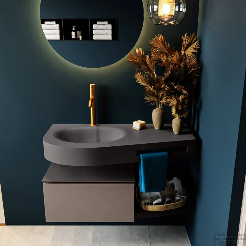 MONDIAZ RIVA 100cm badmeubel onderkast / planchet kleur Smoke met 1 lade. Wastafel DULCET links 1 kraangat kleur Dark_Grey. Direct Beschikbaar