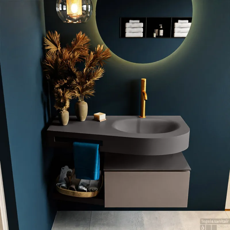 MONDIAZ RIVA 100cm badmeubel onderkast / planchet kleur Smoke met 1 lade. Wastafel DULCET rechts 1 kraangat kleur Dark_Grey. Meest Verkocht