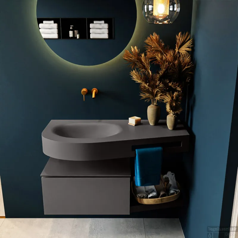 MONDIAZ RIVA 100cm badmeubel onderkast / planchet kleur Dark_Grey met 1 lade. Wastafel DULCET links 0 kraangaten kleur Dark_Grey. Populair