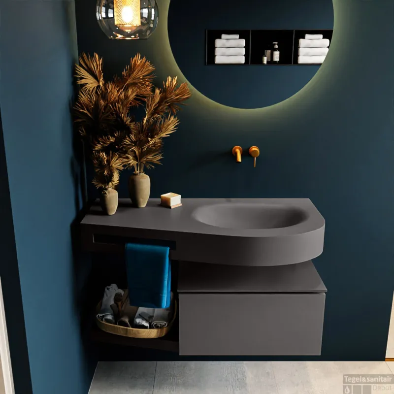 Flitsaanbieding MONDIAZ RIVA 100cm badmeubel onderkast / planchet kleur Dark_Grey met 1 lade. Wastafel DULCET rechts 0 kraangaten kleur Dark_Grey.