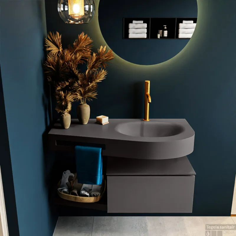 Hete Deal MONDIAZ RIVA 100cm badmeubel onderkast / planchet kleur Dark_Grey met 1 lade. Wastafel DULCET rechts 1 kraangat kleur Dark_Grey.