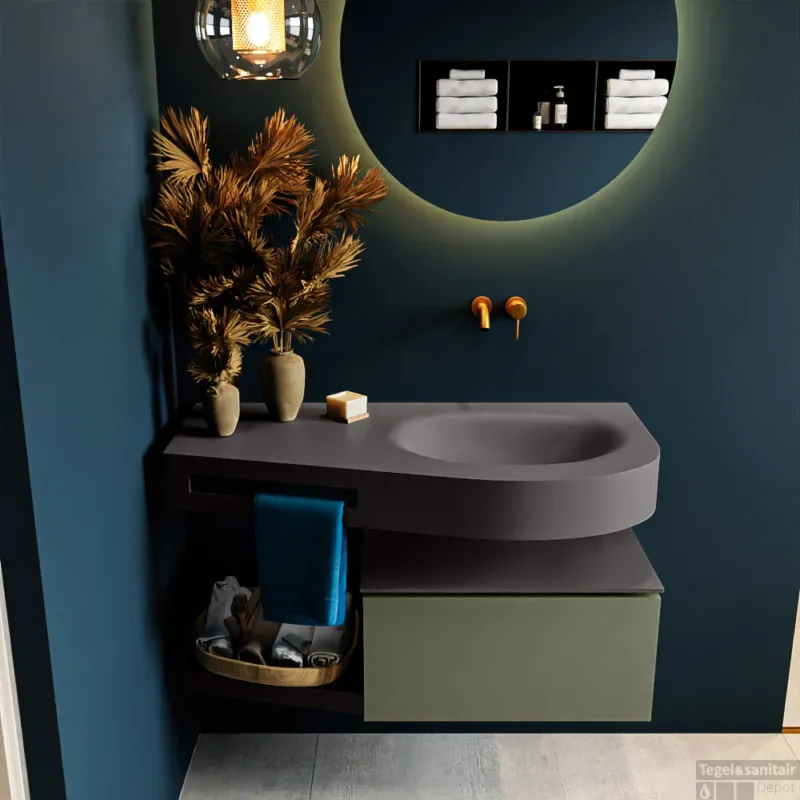 Dagaanbieding MONDIAZ RIVA 100cm badmeubel onderkast / planchet kleur Army met 1 lade. Wastafel DULCET rechts 0 kraangaten kleur Dark_Grey.