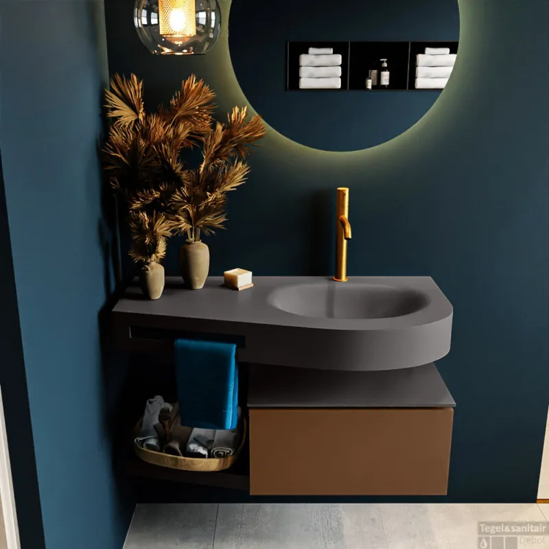 Shop Nu MONDIAZ RIVA 100cm badmeubel onderkast / planchet kleur Rust met 1 lade. Wastafel DULCET rechts 1 kraangat kleur Dark_Grey.