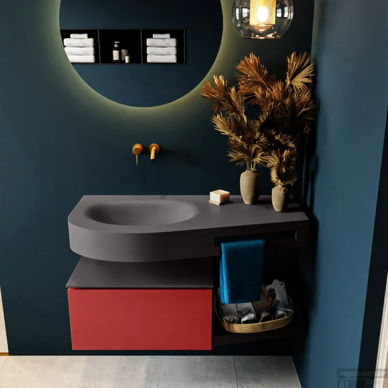 MONDIAZ RIVA 100cm badmeubel onderkast / planchet kleur Fire met 1 lade. Wastafel DULCET links 0 kraangaten kleur Dark_Grey. Fabrieksprijs