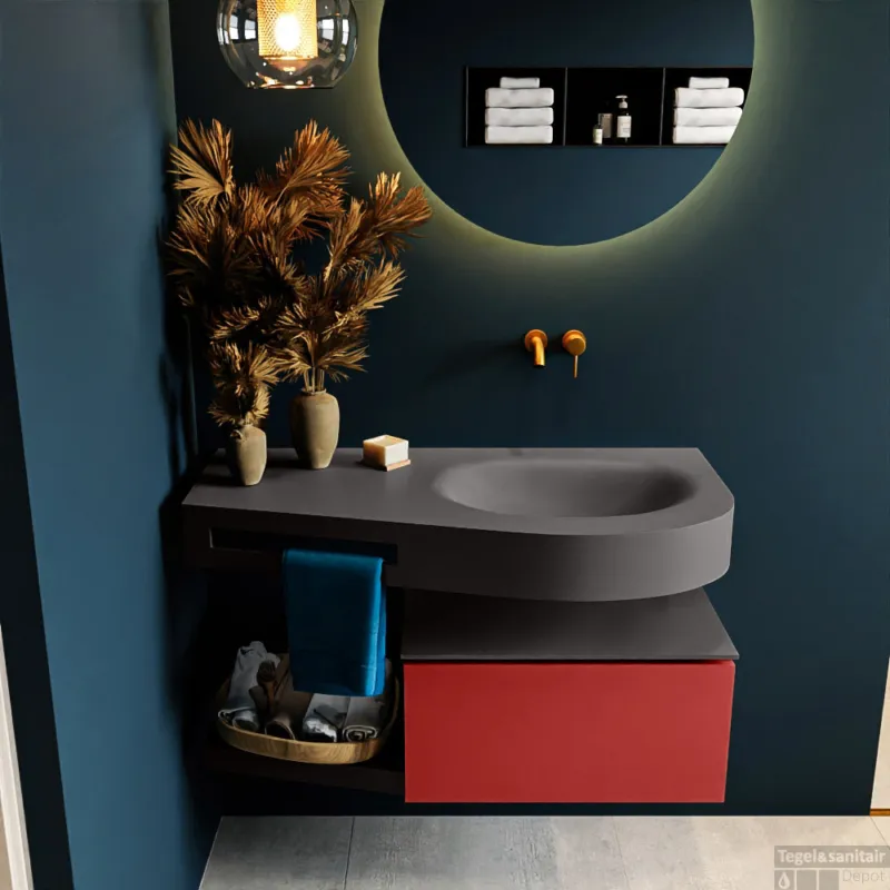 Betaalbaar MONDIAZ RIVA 100cm badmeubel onderkast / planchet kleur Fire met 1 lade. Wastafel DULCET rechts 0 kraangaten kleur Dark_Grey.