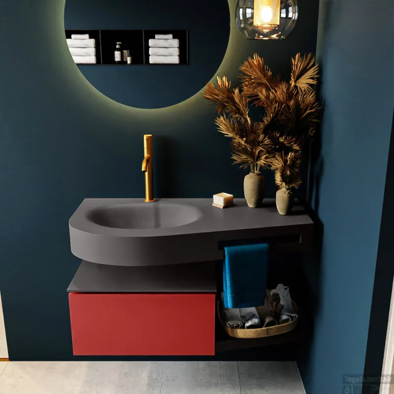 Aanbieding MONDIAZ RIVA 100cm badmeubel onderkast / planchet kleur Fire met 1 lade. Wastafel DULCET links 1 kraangat kleur Dark_Grey.
