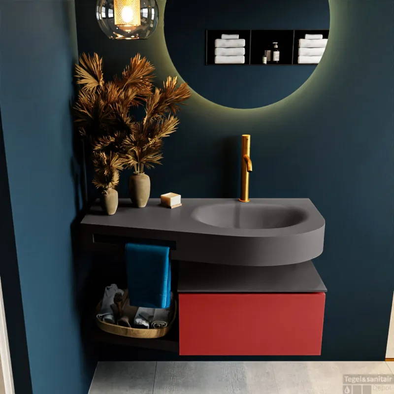 Laatste Kans MONDIAZ RIVA 100cm badmeubel onderkast / planchet kleur Fire met 1 lade. Wastafel DULCET rechts 1 kraangat kleur Dark_Grey.