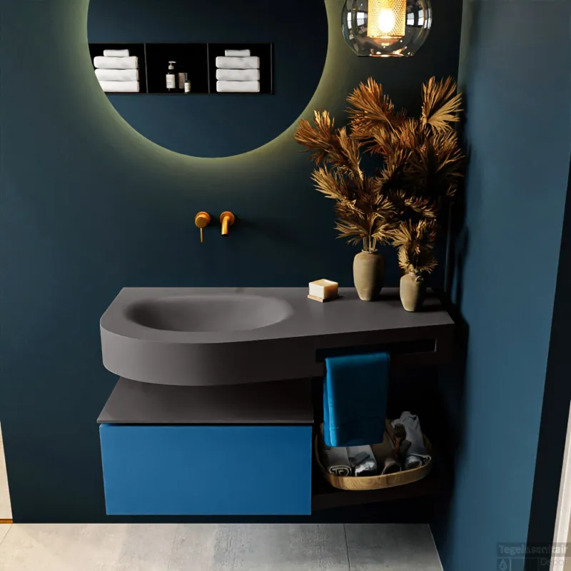 Beperkt Aanbod MONDIAZ RIVA 100cm badmeubel onderkast / planchet kleur Jeans met 1 lade. Wastafel DULCET links 0 kraangaten kleur Dark_Grey.