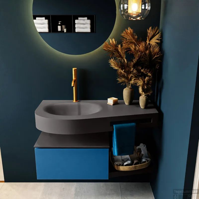 MONDIAZ RIVA 100cm badmeubel onderkast / planchet kleur Jeans met 1 lade. Wastafel DULCET links 1 kraangat kleur Dark_Grey. Gratis Retour