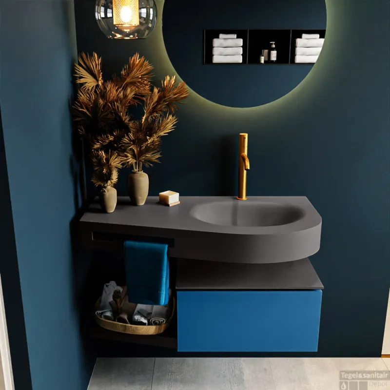 Beperkt Aanbod MONDIAZ RIVA 100cm badmeubel onderkast / planchet kleur Jeans met 1 lade. Wastafel DULCET rechts 1 kraangat kleur Dark_Grey.